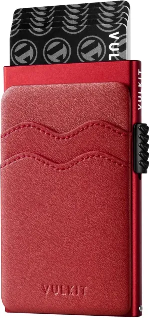VULKIT Credit Card Holder Minimalist Slim Pop Up Wallet with Leather Slots RFID Blocking for Men and Women Holds 7 Cards and Notes Red