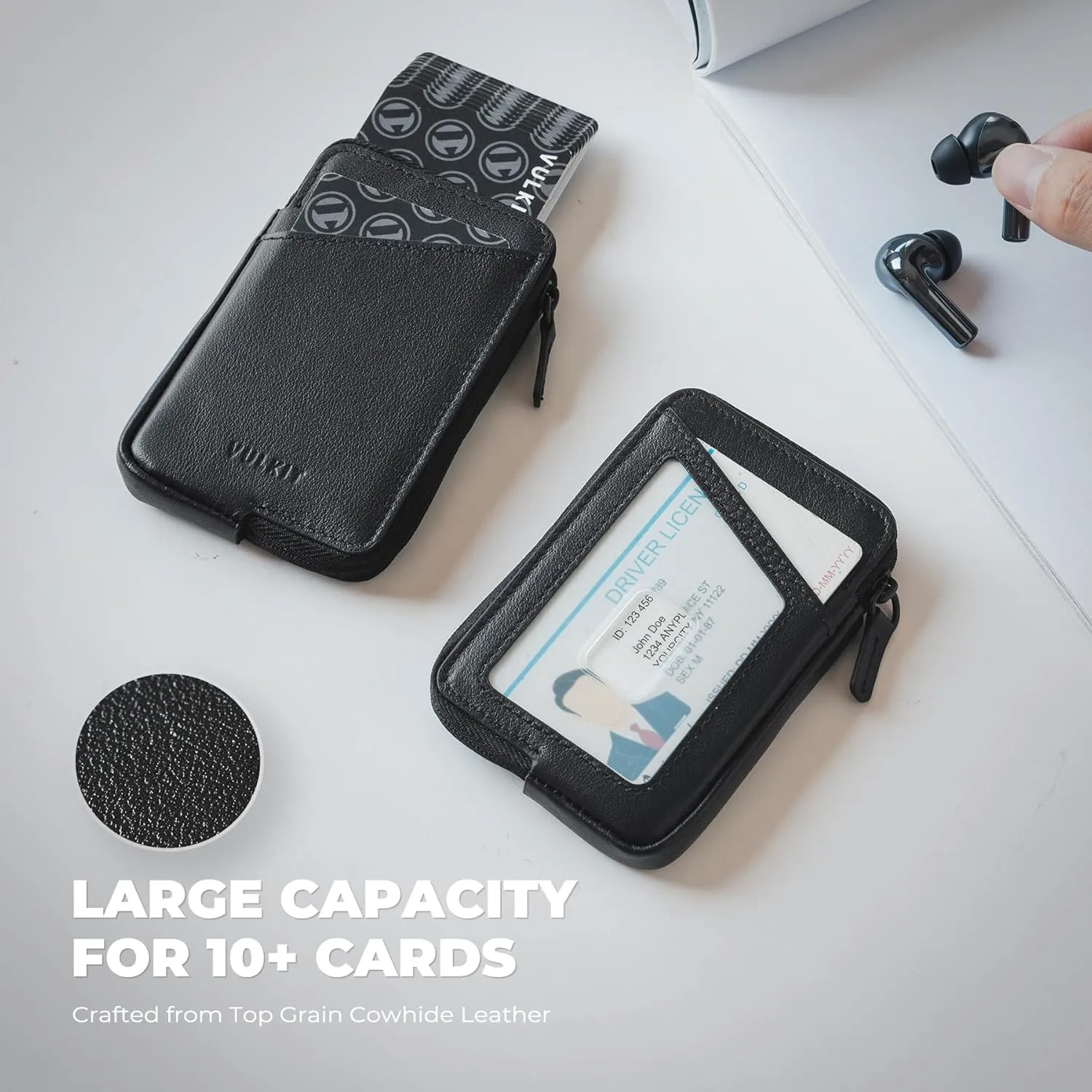 VULKIT Credit Card Holder RFID Blocking Top Grain Cowhide Leather Zip Card Holder Wallet Slim Minimalist Card Wallet, Holding up to 10 Cards & Folded Notes