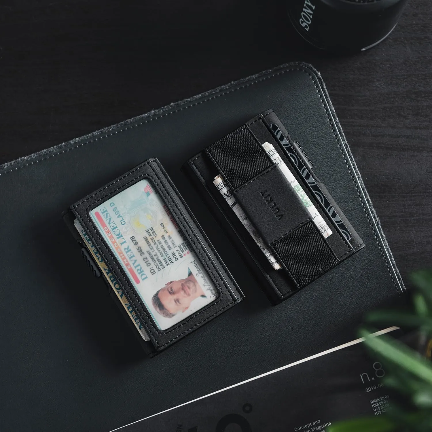 VULKIT Mens Minimalist Wallet for Max. 8 Cards with Pop-Up Credit Card Ejector RFID Blocking, ID Window and Elastic Strap for Bills or Keyring, Gift Box Packed, Black