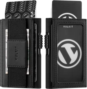 VULKIT Mens Minimalist Wallet for Max. 8 Cards with Pop-Up Credit Card Ejector RFID Blocking, ID Window and Elastic Strap for Bills or Keyring, Gift Box Packed, Black