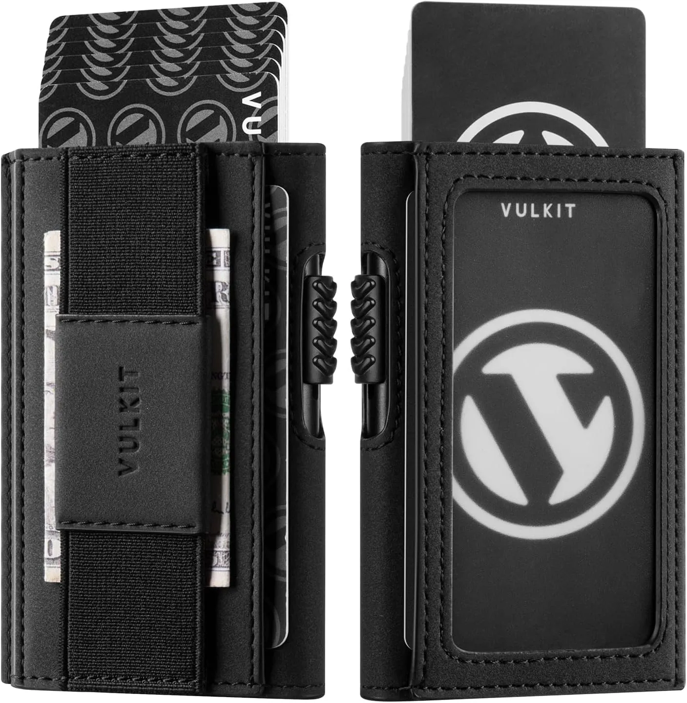 VULKIT Mens Minimalist Wallet for Max. 8 Cards with Pop-Up Credit Card Ejector RFID Blocking, ID Window and Elastic Strap for Bills or Keyring, Gift Box Packed, Black