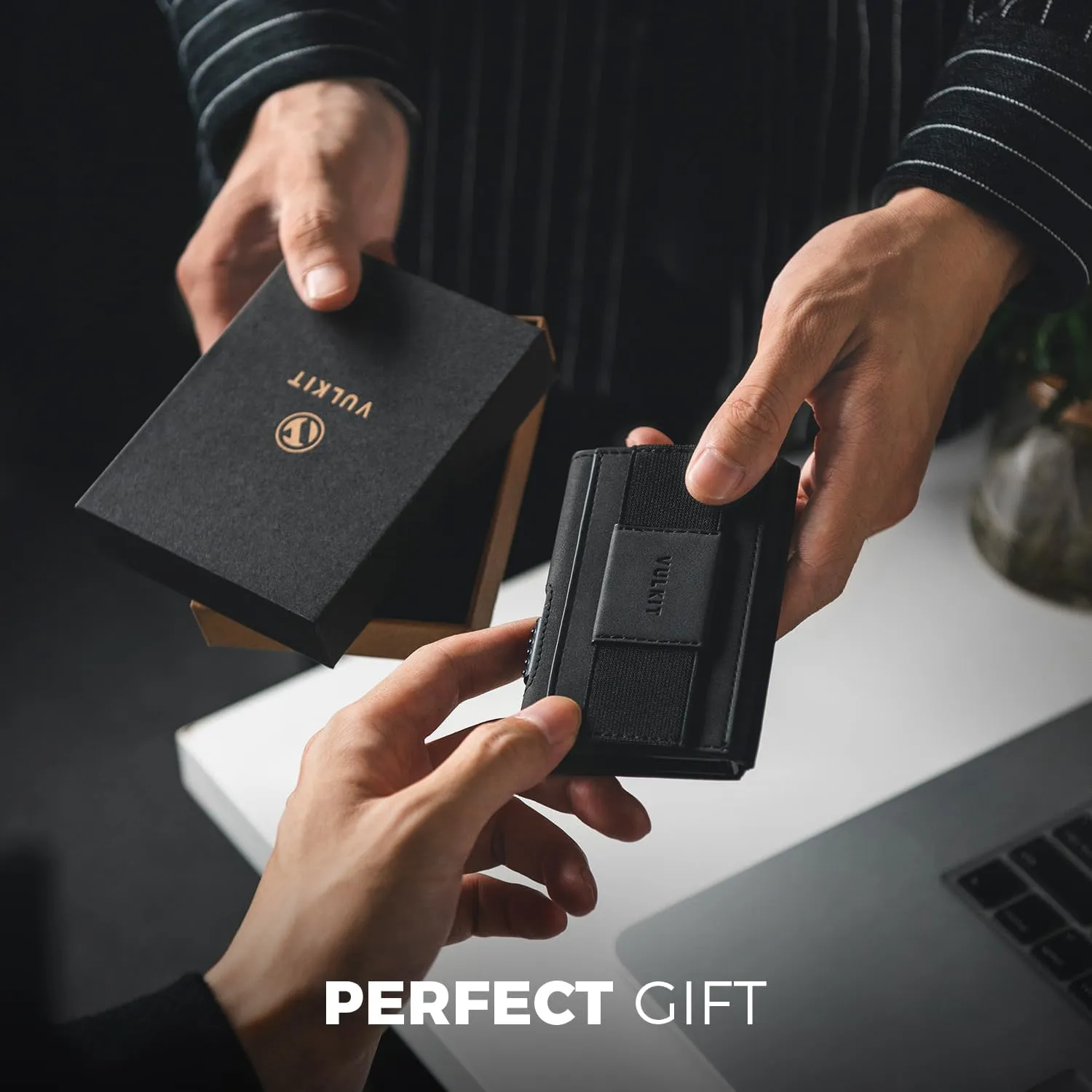 VULKIT Mens Minimalist Wallet for Max. 8 Cards with Pop-Up Credit Card Ejector RFID Blocking, ID Window and Elastic Strap for Bills or Keyring, Gift Box Packed, Black