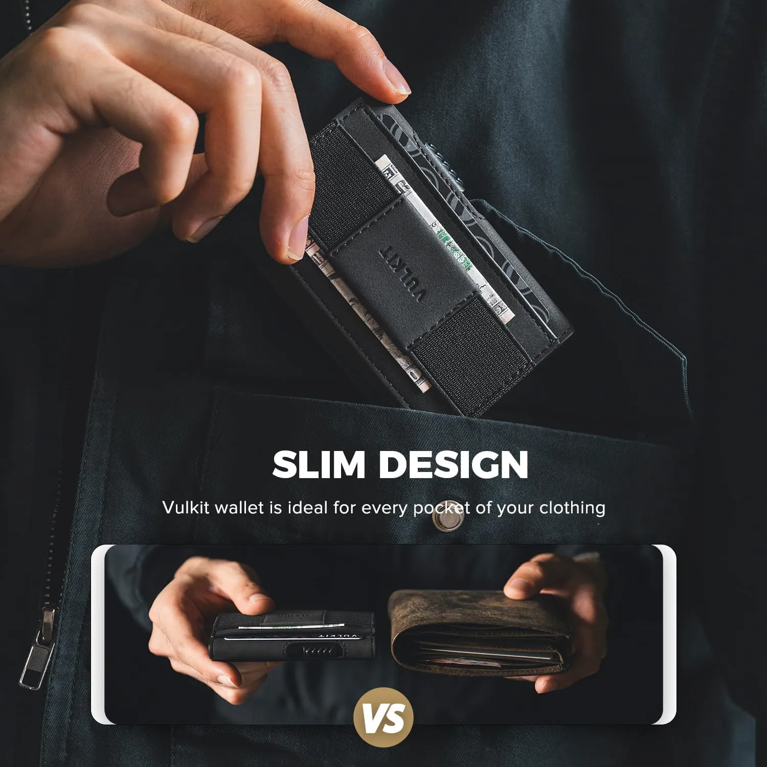 VULKIT Mens Minimalist Wallet for Max. 8 Cards with Pop-Up Credit Card Ejector RFID Blocking, ID Window and Elastic Strap for Bills or Keyring, Gift Box Packed, Black