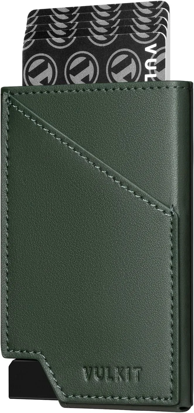 VULKIT Pop up Card Wallet RFID Blocking Slim Aluminum Metal Bank Card Holder Case with Business Money Pocket for Credit Cards Notes and Coins Green