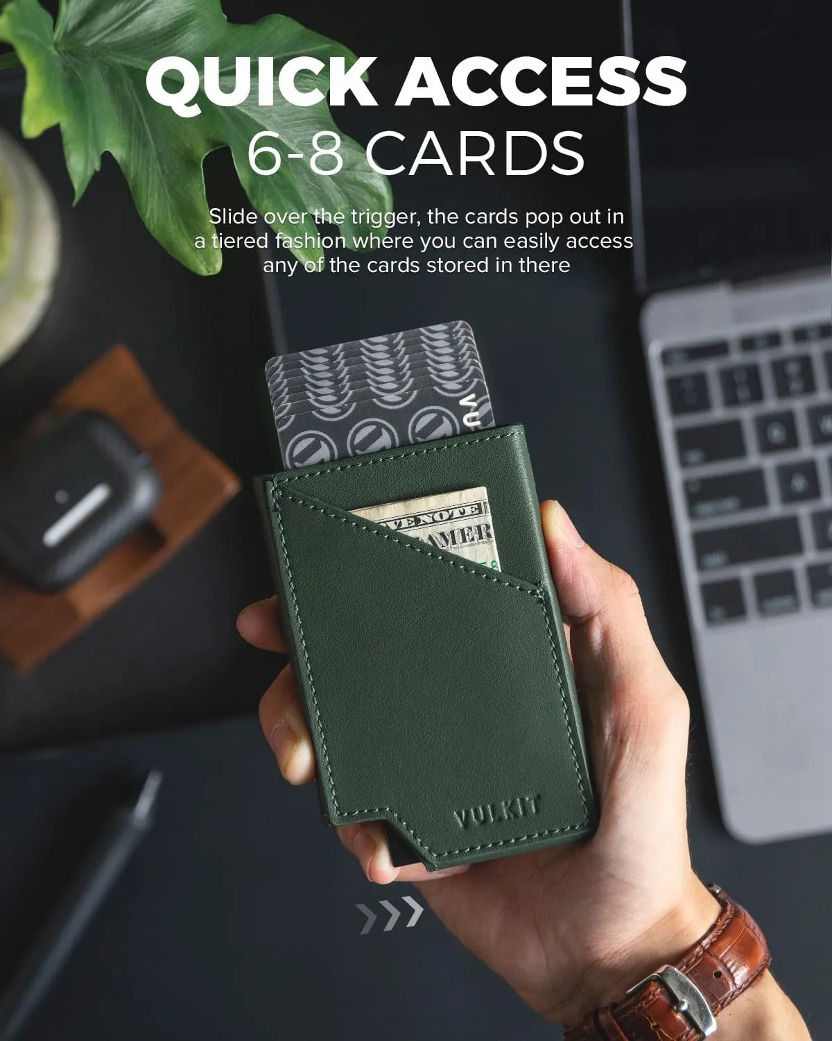 VULKIT Pop up Card Wallet RFID Blocking Slim Aluminum Metal Bank Card Holder Case with Business Money Pocket for Credit Cards Notes and Coins Green