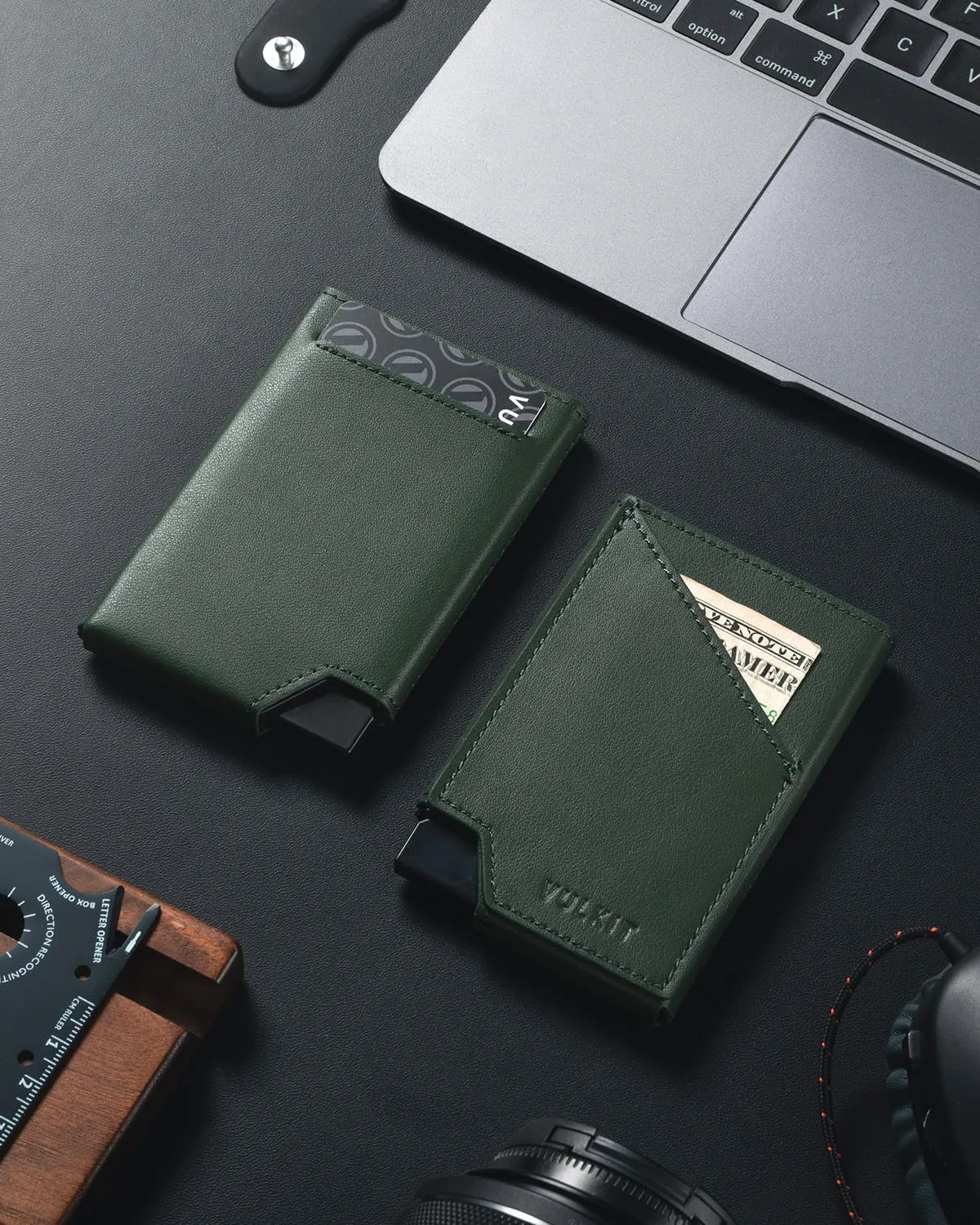VULKIT Pop up Card Wallet RFID Blocking Slim Aluminum Metal Bank Card Holder Case with Business Money Pocket for Credit Cards Notes and Coins Green