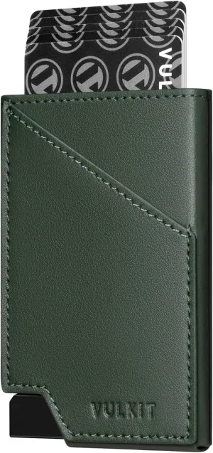VULKIT Pop up Card Wallet RFID Blocking Slim Aluminum Metal Bank Card Holder Case with Business Money Pocket for Credit Cards Notes and Coins Green