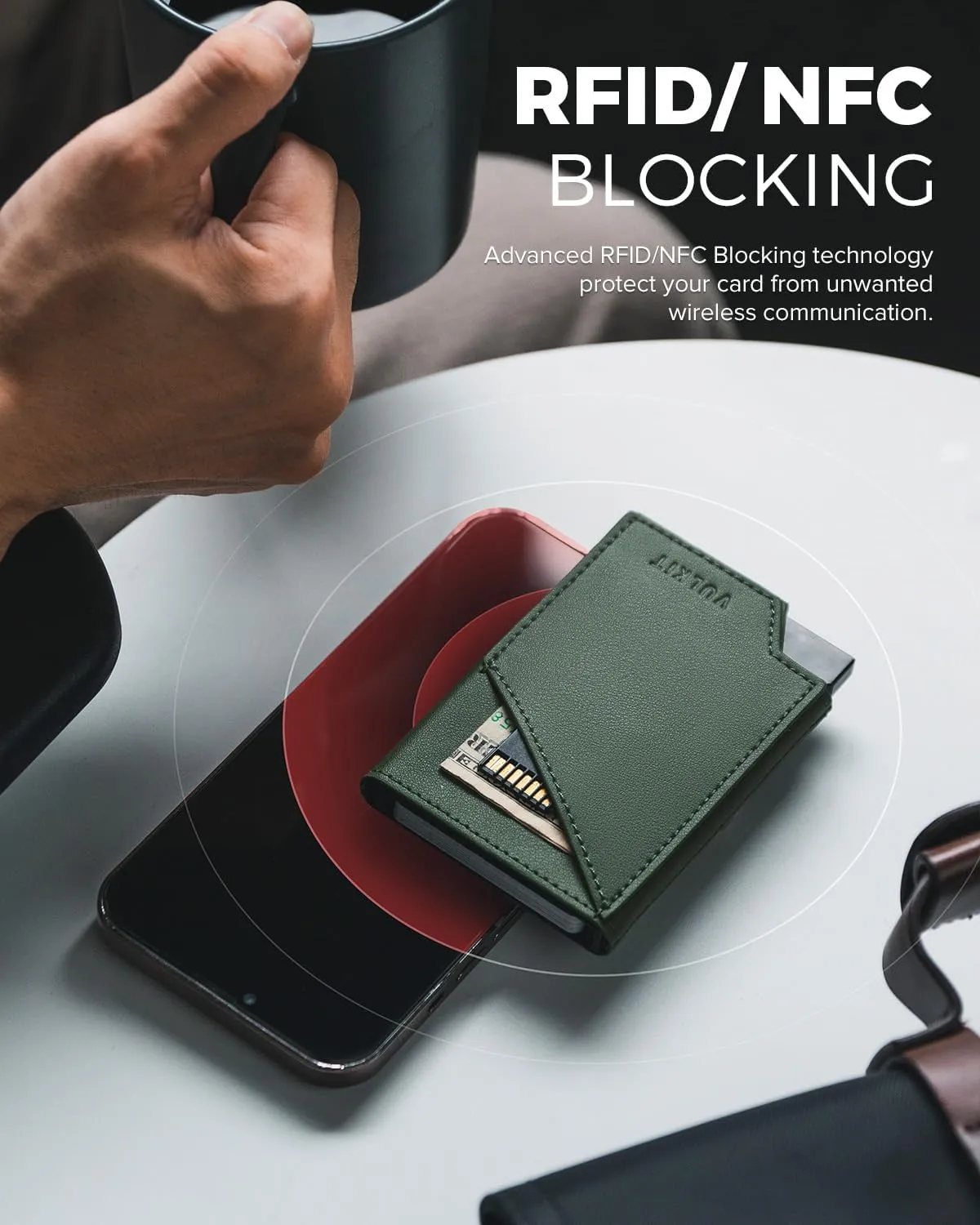 VULKIT Pop up Card Wallet RFID Blocking Slim Aluminum Metal Bank Card Holder Case with Business Money Pocket for Credit Cards Notes and Coins Green