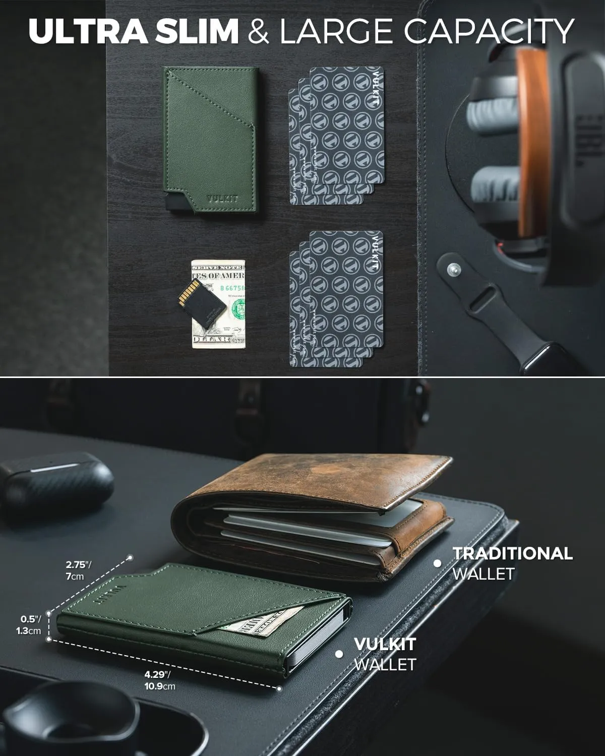 VULKIT Pop up Card Wallet RFID Blocking Slim Aluminum Metal Bank Card Holder Case with Business Money Pocket for Credit Cards Notes and Coins Green