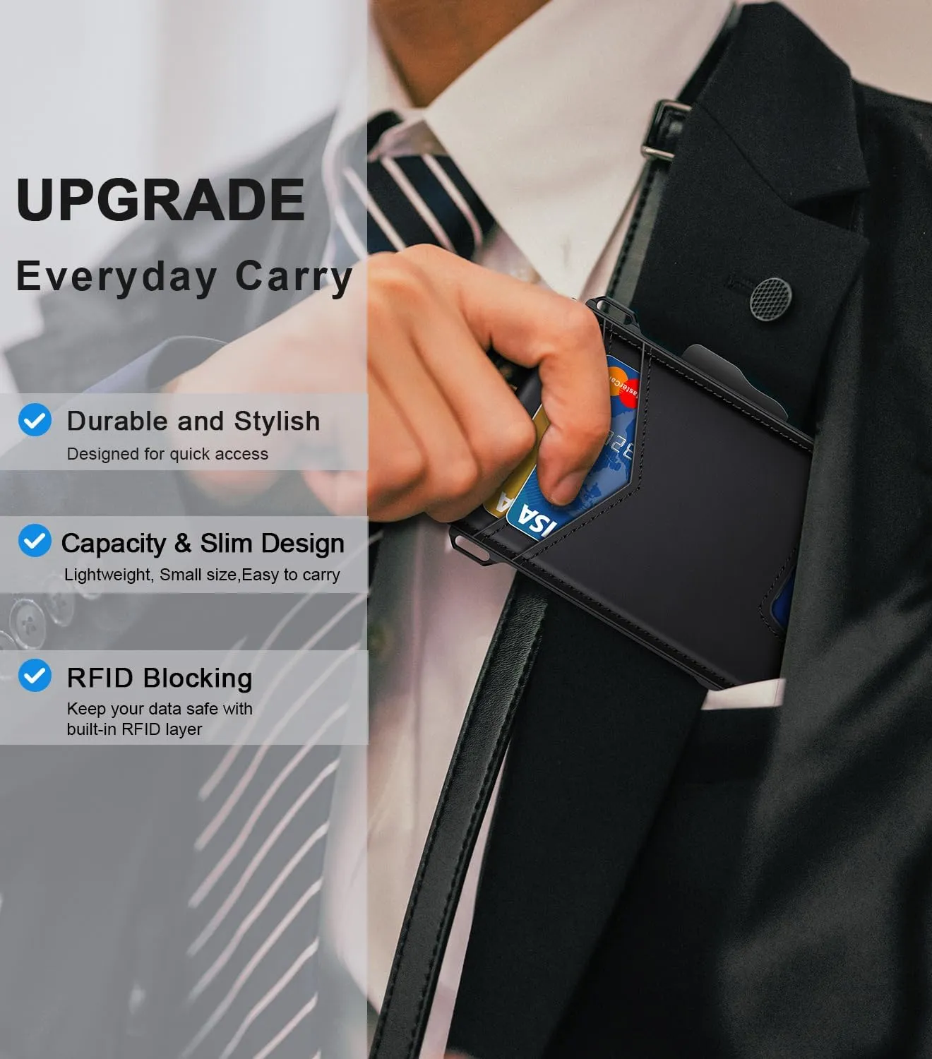 Wallet for Men, Minimalist Slim Mens Wallet with Money Clip, RFID Blocking Smart Pop Up Card Wallet with ID Window, Compact Bifold Wallet, Metal Aluminum Credit Card Holder (Black)