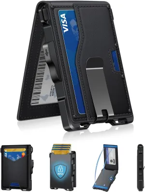 Wallet for Men, Minimalist Slim Mens Wallet with Money Clip, RFID Blocking Smart Pop Up Card Wallet with ID Window, Compact Bifold Wallet, Metal Aluminum Credit Card Holder (Black)
