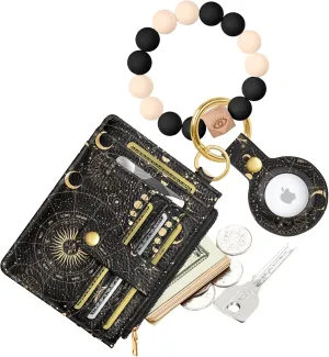 Wallet Keychain Wristlet for Women with AirTag Holder - Cute Design Credit Card Holder Wallets Key Chain Ring Slim Small RFID Air Tag Coin Pocket Purse for Ladies Girls Female,Astrolabe