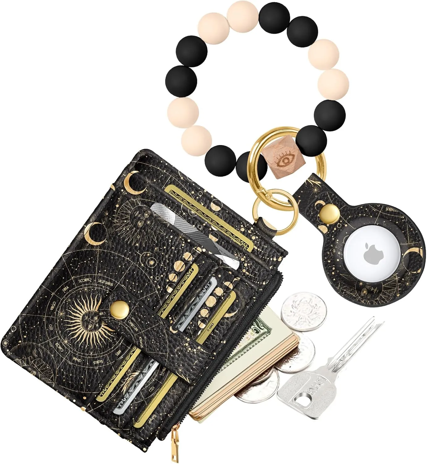 Wallet Keychain Wristlet for Women with AirTag Holder - Cute Design Credit Card Holder Wallets Key Chain Ring Slim Small RFID Air Tag Coin Pocket Purse for Ladies Girls Female,Astrolabe