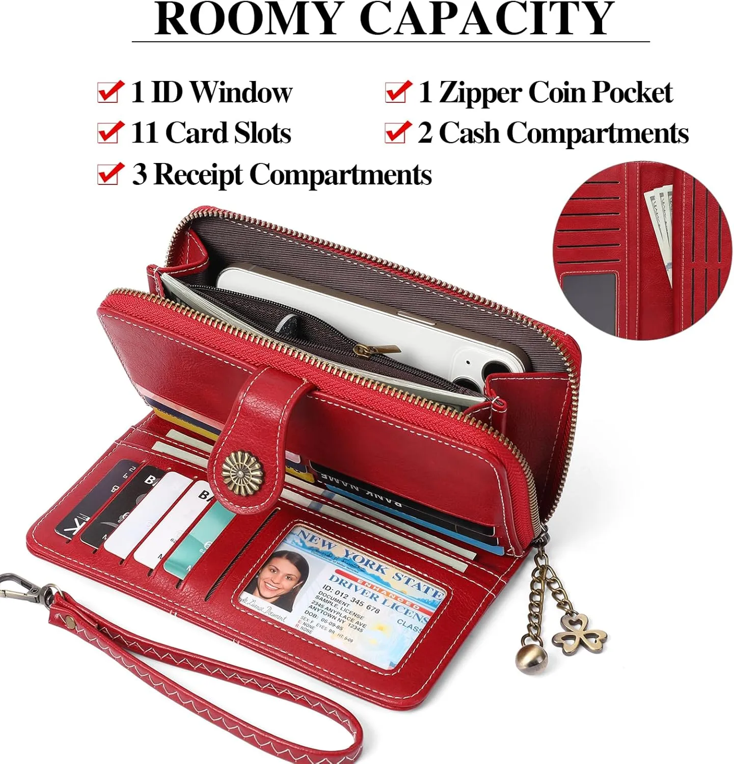Wallet Women Large Leather RFID Blocking Bifold Multi Card Case with Zipper Pocke Phone Wristlet Purse