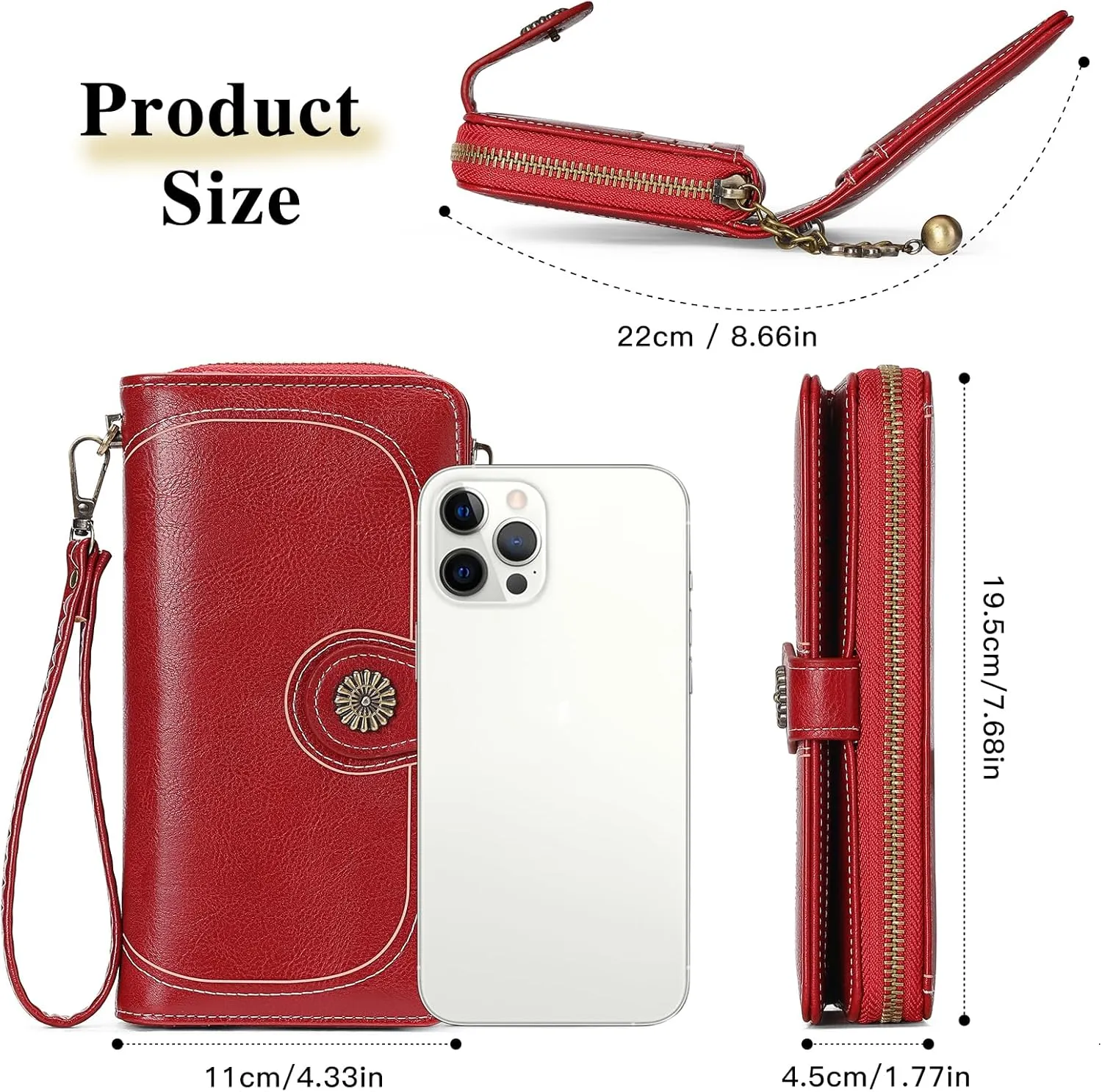 Wallet Women Large Leather RFID Blocking Bifold Multi Card Case with Zipper Pocke Phone Wristlet Purse