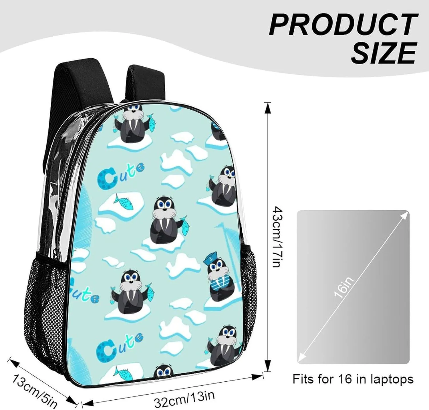 Walru Ice Floe Fish 17 Inch Clear PVC Backpack for Outdoor Hiking Business Cartoon Cute Animal Casual Lightweight Daypack Men Women 43x32x13cm