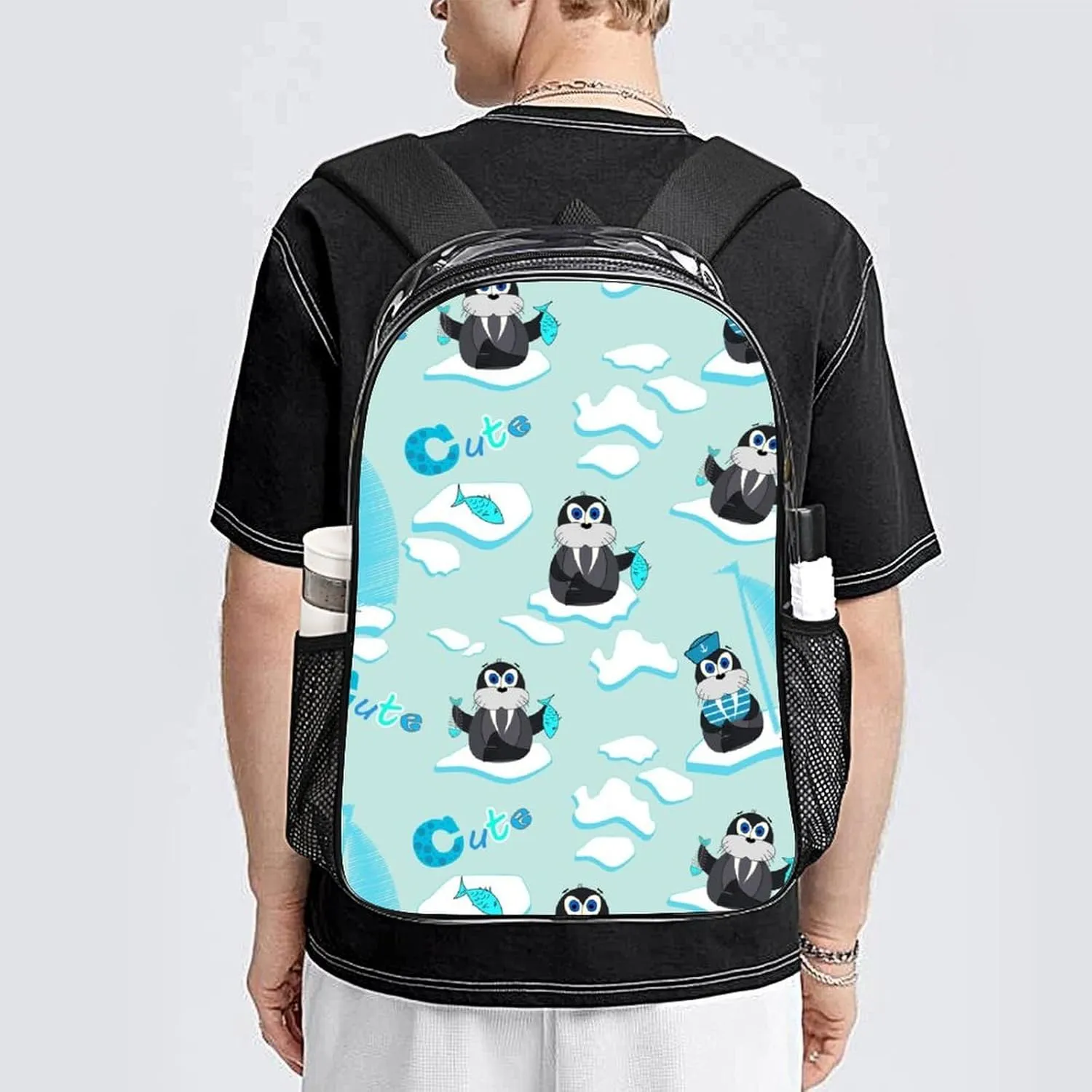 Walru Ice Floe Fish 17 Inch Clear PVC Backpack for Outdoor Hiking Business Cartoon Cute Animal Casual Lightweight Daypack Men Women 43x32x13cm