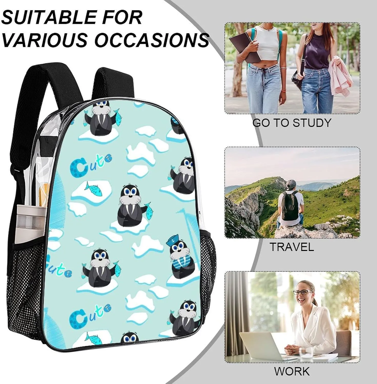 Walru Ice Floe Fish 17 Inch Clear PVC Backpack for Outdoor Hiking Business Cartoon Cute Animal Casual Lightweight Daypack Men Women 43x32x13cm