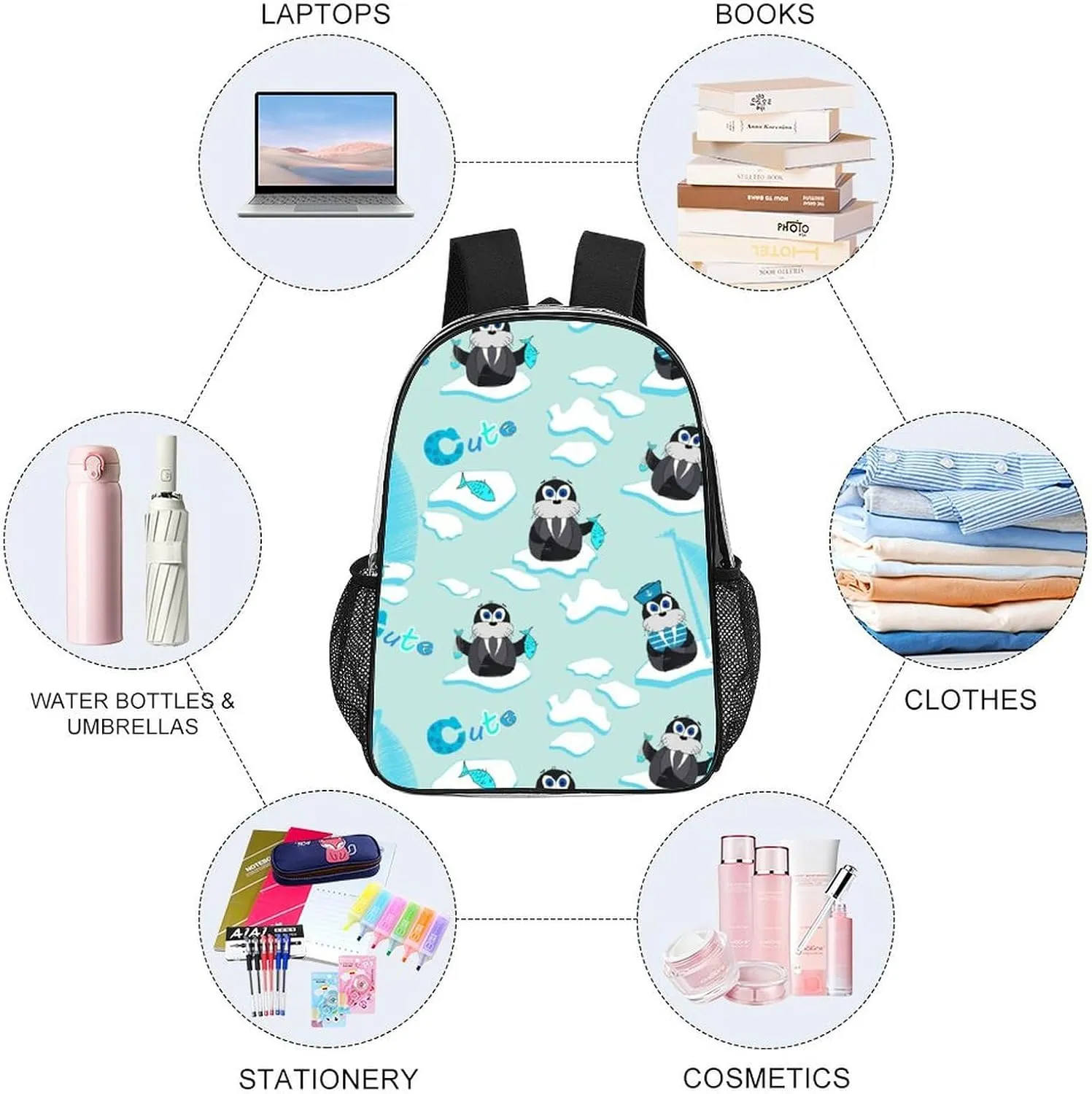 Walru Ice Floe Fish 17 Inch Clear PVC Backpack for Outdoor Hiking Business Cartoon Cute Animal Casual Lightweight Daypack Men Women 43x32x13cm