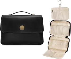 Wandering Nature Toiletry Bag for Women, Hanging Travel Makeup Organizer with 4 Compartments, Pu Leather Waterproof Cosmetic Bag for Full Sized Toiletries Black