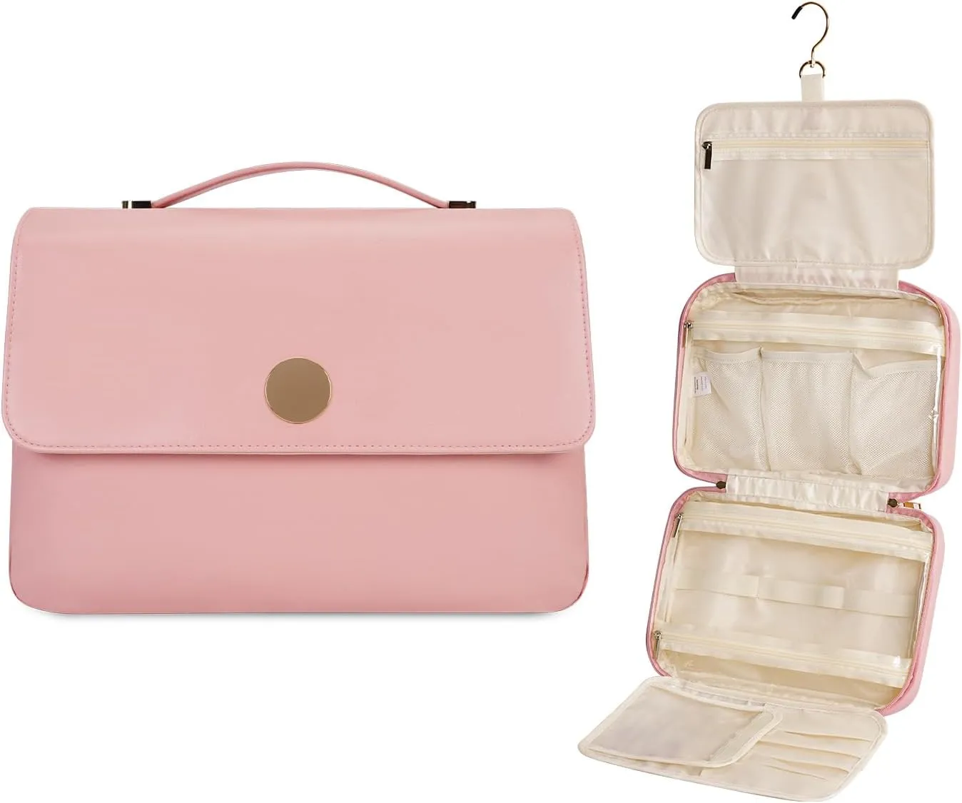 Wandering Nature Toiletry Bag for Women, Hanging Travel Makeup Organizer with 4 Compartments, Pu Leather Waterproof Cosmetic Bag for Full Sized Toiletries Pink