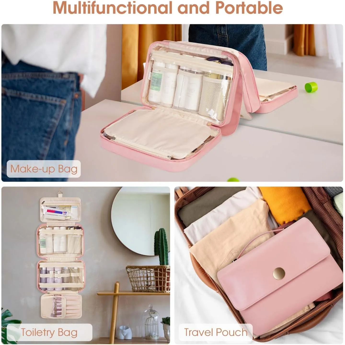 Wandering Nature Toiletry Bag for Women, Hanging Travel Makeup Organizer with 4 Compartments, Pu Leather Waterproof Cosmetic Bag for Full Sized Toiletries Pink