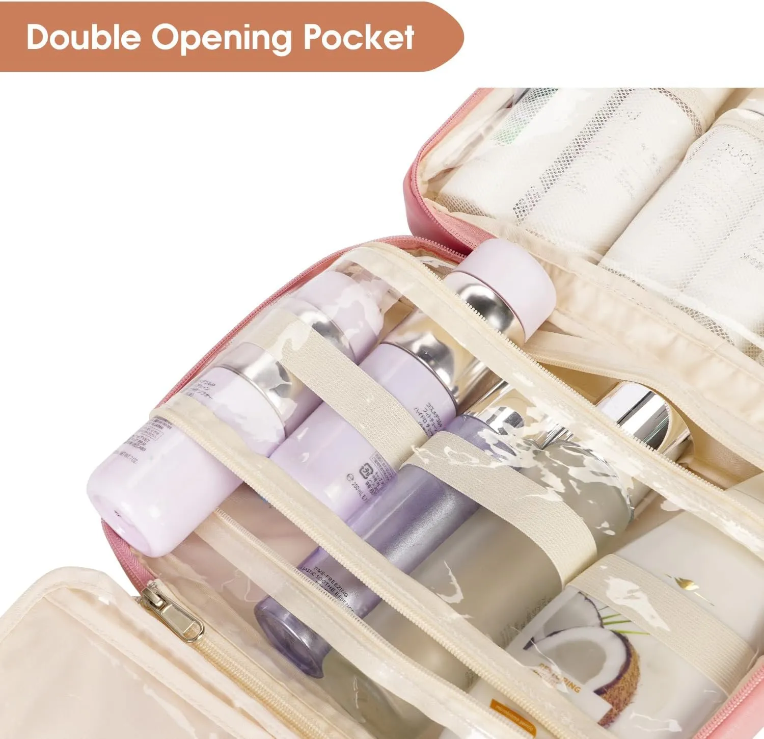 Wandering Nature Toiletry Bag for Women, Hanging Travel Makeup Organizer with 4 Compartments, Pu Leather Waterproof Cosmetic Bag for Full Sized Toiletries Pink