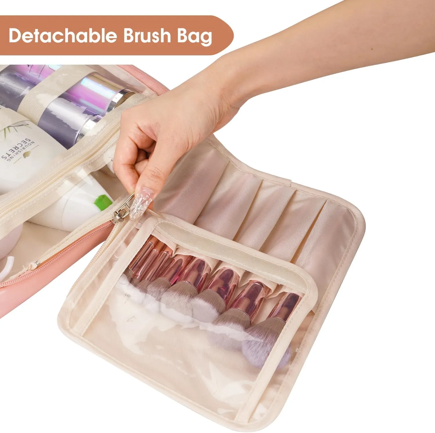 Wandering Nature Toiletry Bag for Women, Hanging Travel Makeup Organizer with 4 Compartments, Pu Leather Waterproof Cosmetic Bag for Full Sized Toiletries Pink