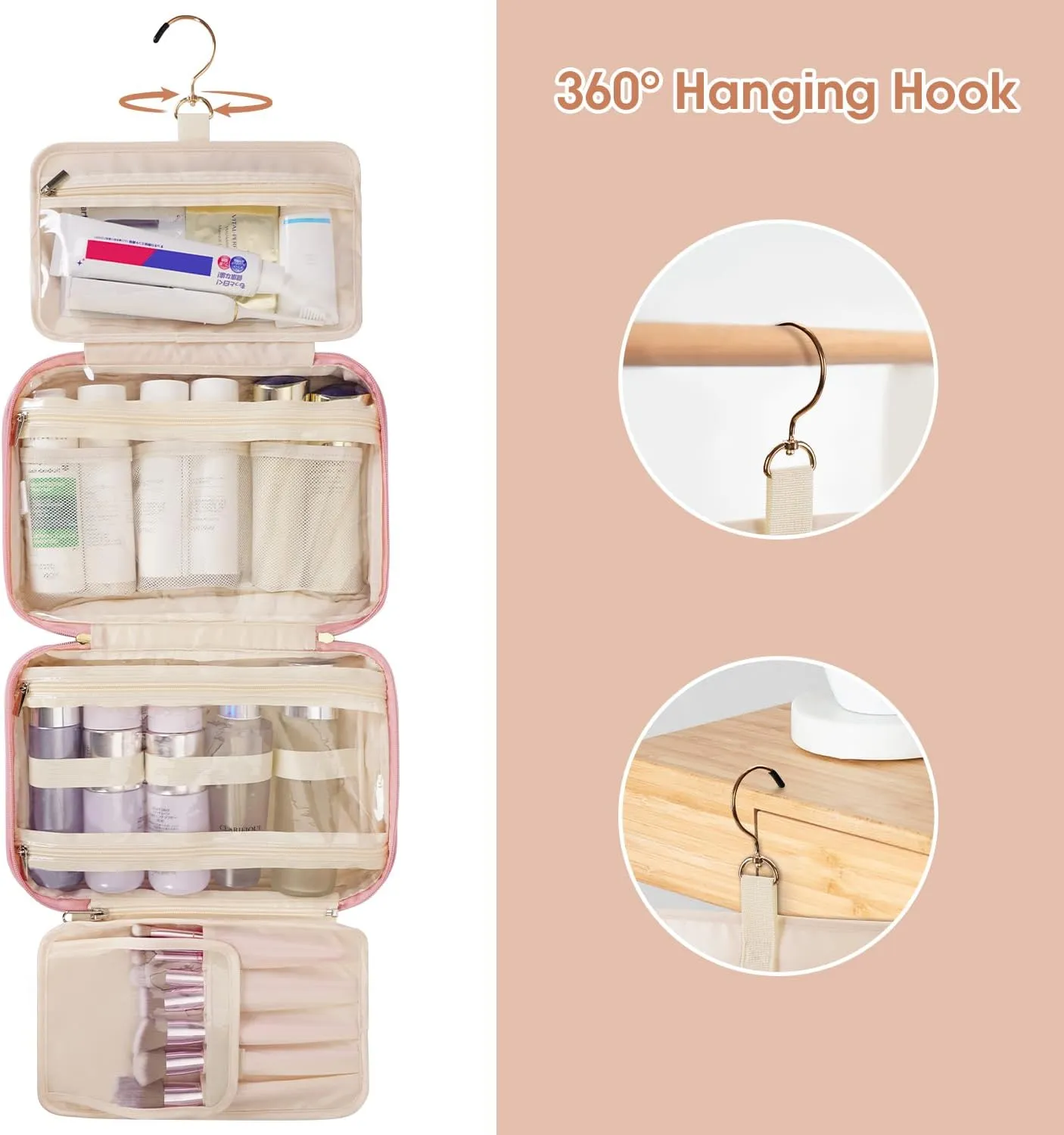 Wandering Nature Toiletry Bag for Women, Hanging Travel Makeup Organizer with 4 Compartments, Pu Leather Waterproof Cosmetic Bag for Full Sized Toiletries Pink