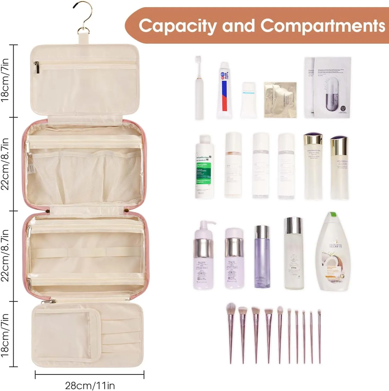Wandering Nature Toiletry Bag for Women, Hanging Travel Makeup Organizer with 4 Compartments, Pu Leather Waterproof Cosmetic Bag for Full Sized Toiletries Pink