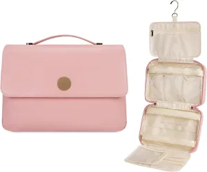 Wandering Nature Toiletry Bag for Women, Hanging Travel Makeup Organizer with 4 Compartments, Pu Leather Waterproof Cosmetic Bag for Full Sized Toiletries Pink