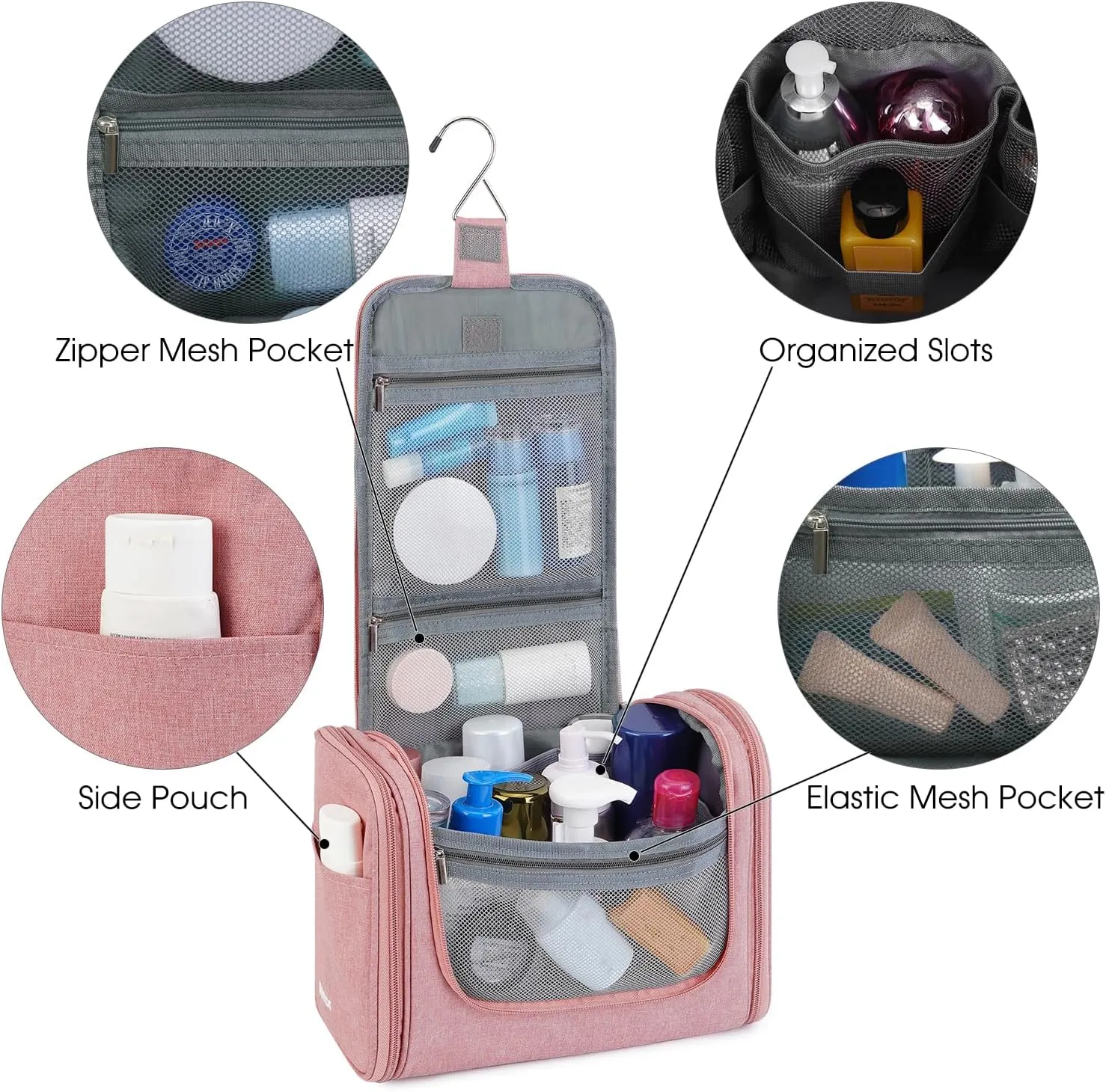 WANDF Large Hanging Toiletry Bag Travel Cosmetic Makeup Organizer Water-Resistant Shower Bathroom Bag for Women and Men (Dark Pink)