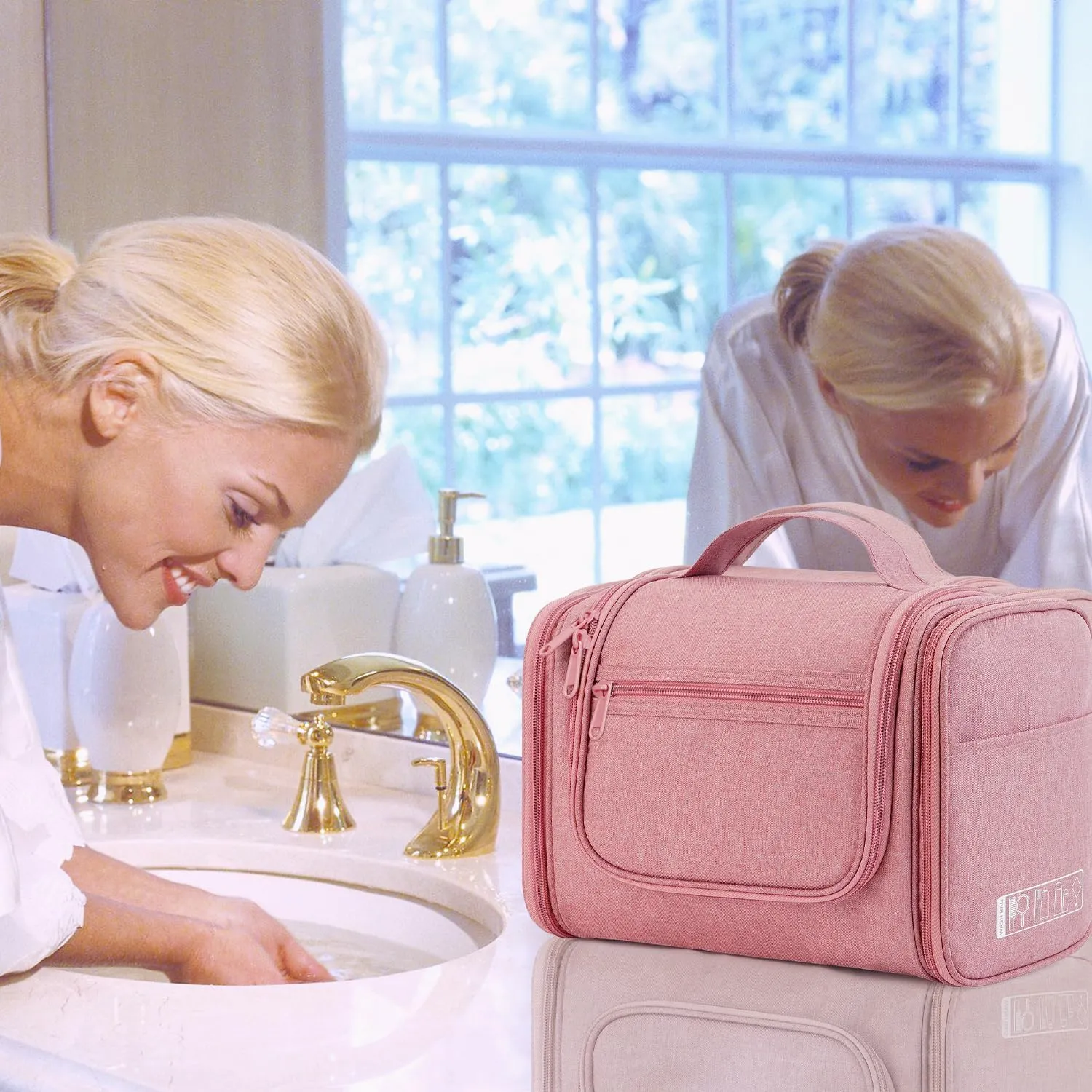 WANDF Large Hanging Toiletry Bag Travel Cosmetic Makeup Organizer Water-Resistant Shower Bathroom Bag for Women and Men (Dark Pink)