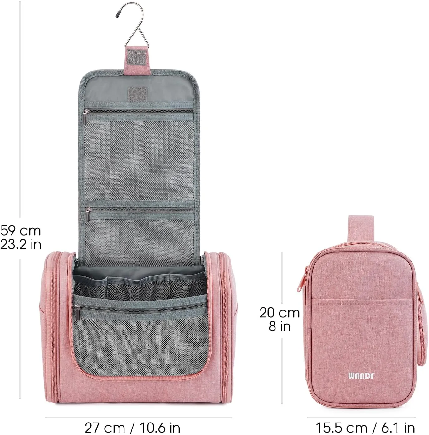 WANDF Large Hanging Toiletry Bag Travel Cosmetic Makeup Organizer Water-Resistant Shower Bathroom Bag for Women and Men (Dark Pink)
