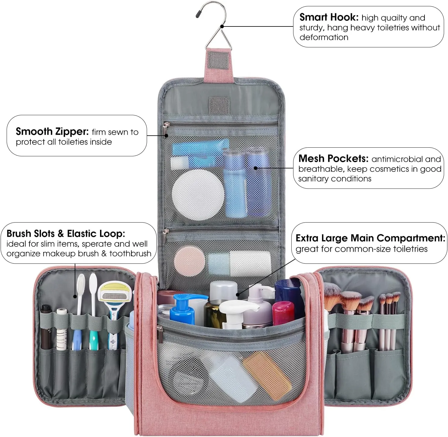 WANDF Large Hanging Toiletry Bag Travel Cosmetic Makeup Organizer Water-Resistant Shower Bathroom Bag for Women and Men (Dark Pink)