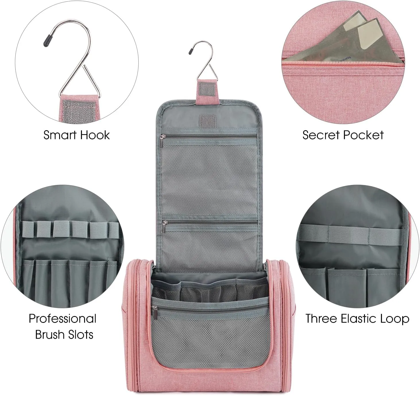 WANDF Large Hanging Toiletry Bag Travel Cosmetic Makeup Organizer Water-Resistant Shower Bathroom Bag for Women and Men (Dark Pink)