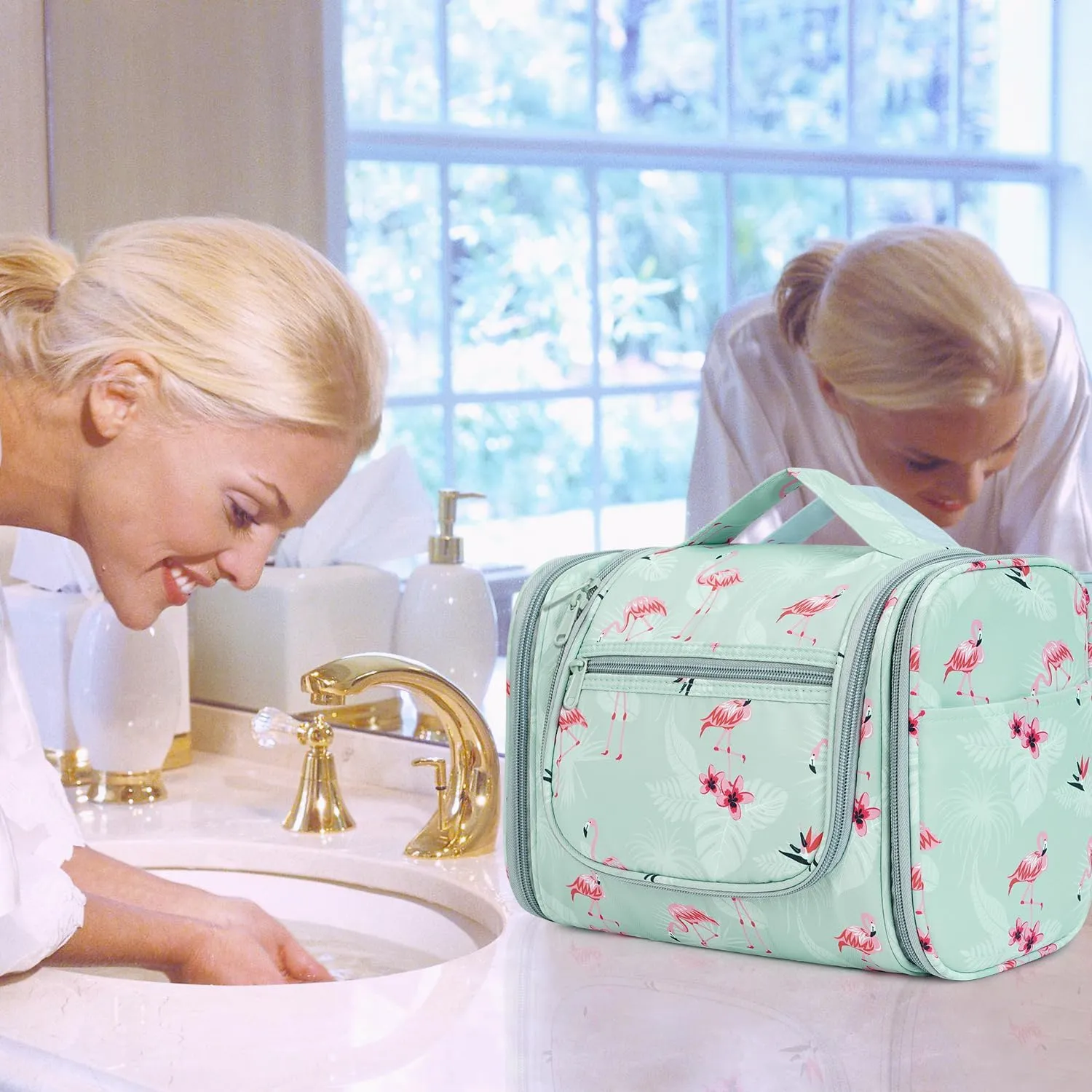 WANDF Large Hanging Toiletry Bag Travel Cosmetic Makeup Organizer Water-Resistant Shower Bathroom Bag for Women and Men (Flamingo)