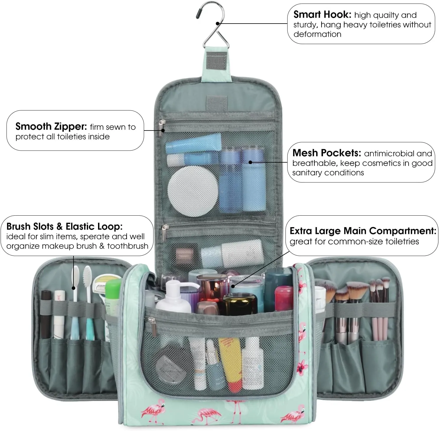 WANDF Large Hanging Toiletry Bag Travel Cosmetic Makeup Organizer Water-Resistant Shower Bathroom Bag for Women and Men (Flamingo)