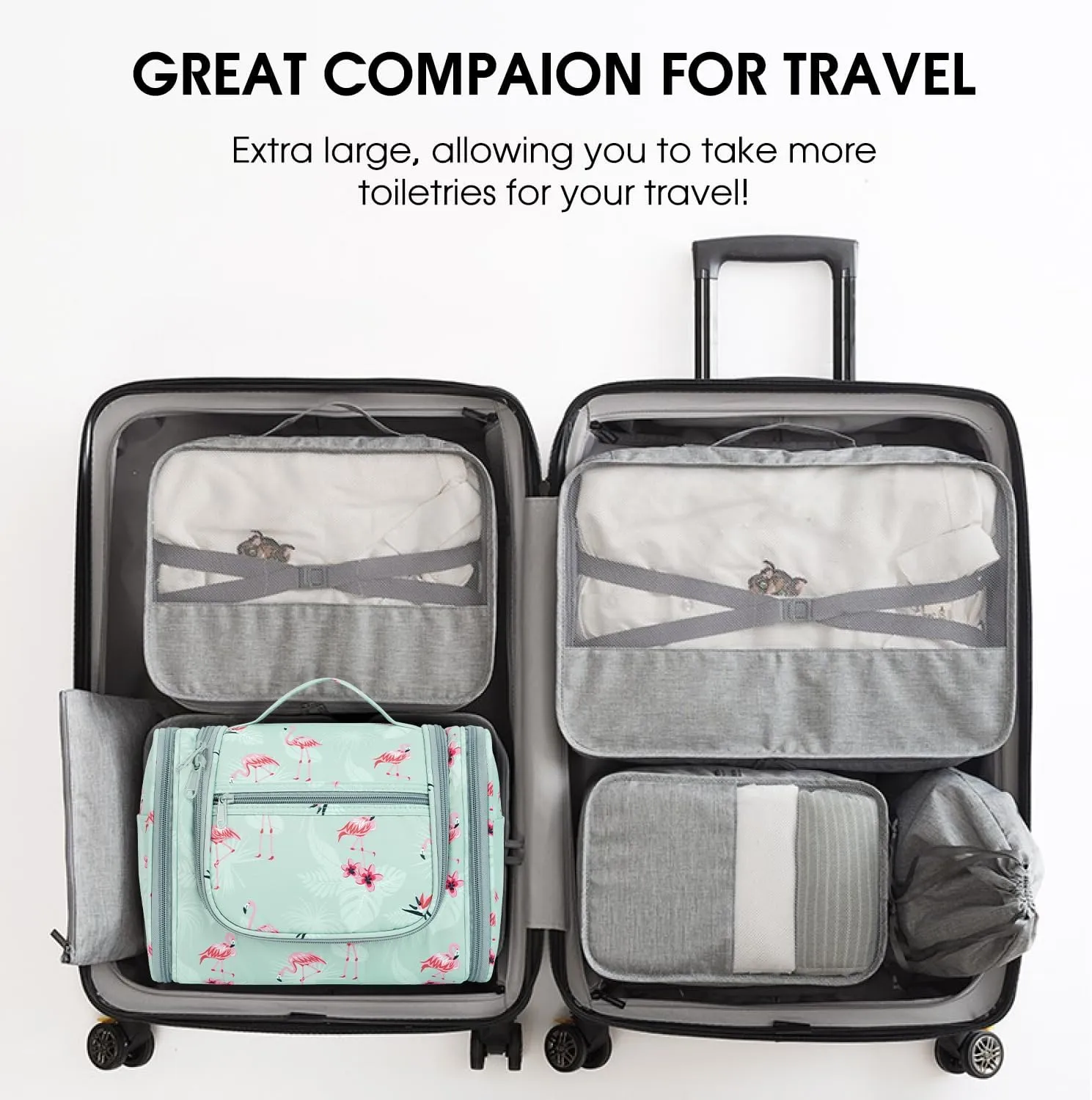 WANDF Large Hanging Toiletry Bag Travel Cosmetic Makeup Organizer Water-Resistant Shower Bathroom Bag for Women and Men (Flamingo)