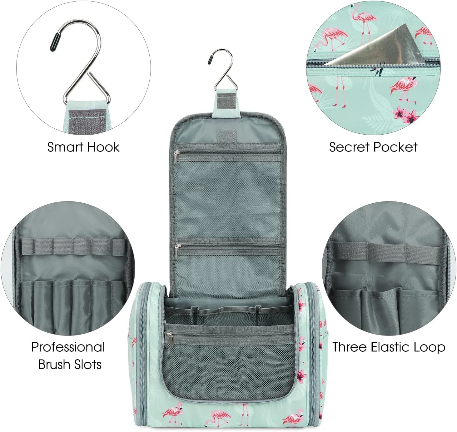 WANDF Large Hanging Toiletry Bag Travel Cosmetic Makeup Organizer Water-Resistant Shower Bathroom Bag for Women and Men (Flamingo)
