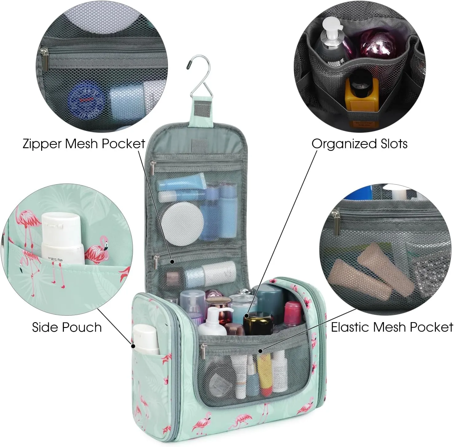 WANDF Large Hanging Toiletry Bag Travel Cosmetic Makeup Organizer Water-Resistant Shower Bathroom Bag for Women and Men (Flamingo)