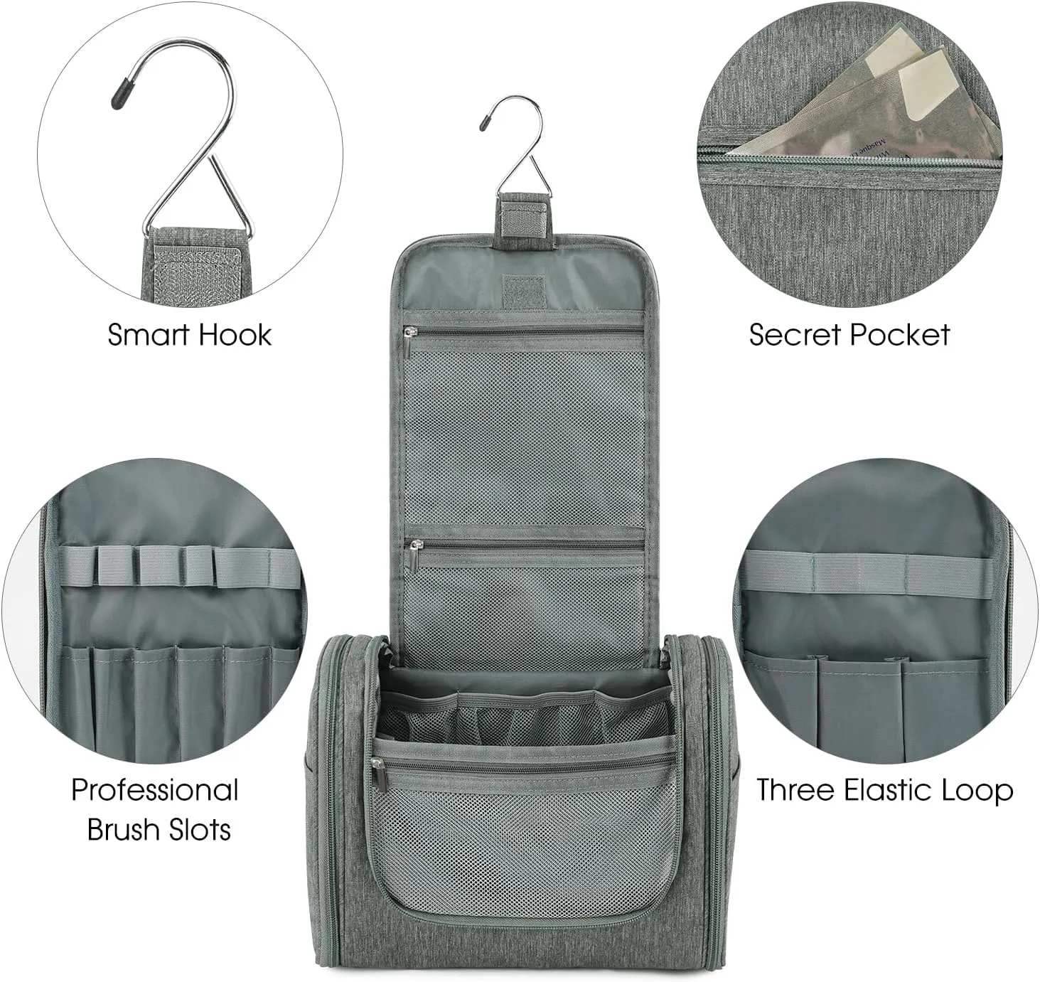 WANDF Large Hanging Toiletry Bag Travel Cosmetic Makeup Organizer Water-Resistant Shower Bathroom Bag for Women and Men (Gray)