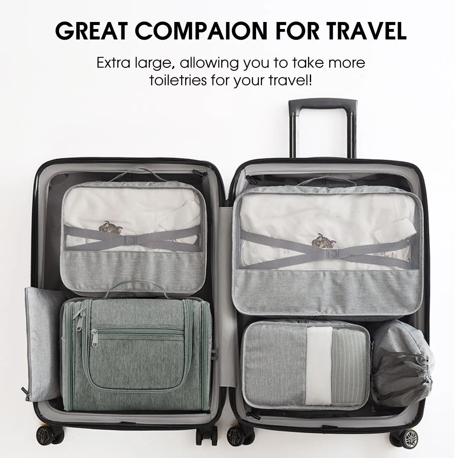 WANDF Large Hanging Toiletry Bag Travel Cosmetic Makeup Organizer Water-Resistant Shower Bathroom Bag for Women and Men (Gray)