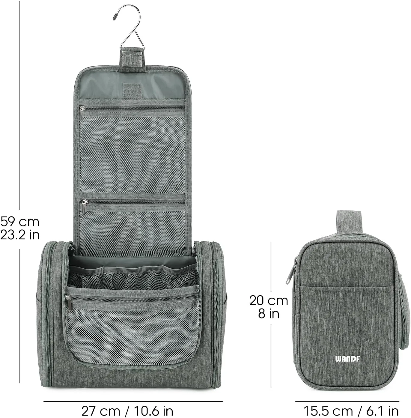 WANDF Large Hanging Toiletry Bag Travel Cosmetic Makeup Organizer Water-Resistant Shower Bathroom Bag for Women and Men (Gray)