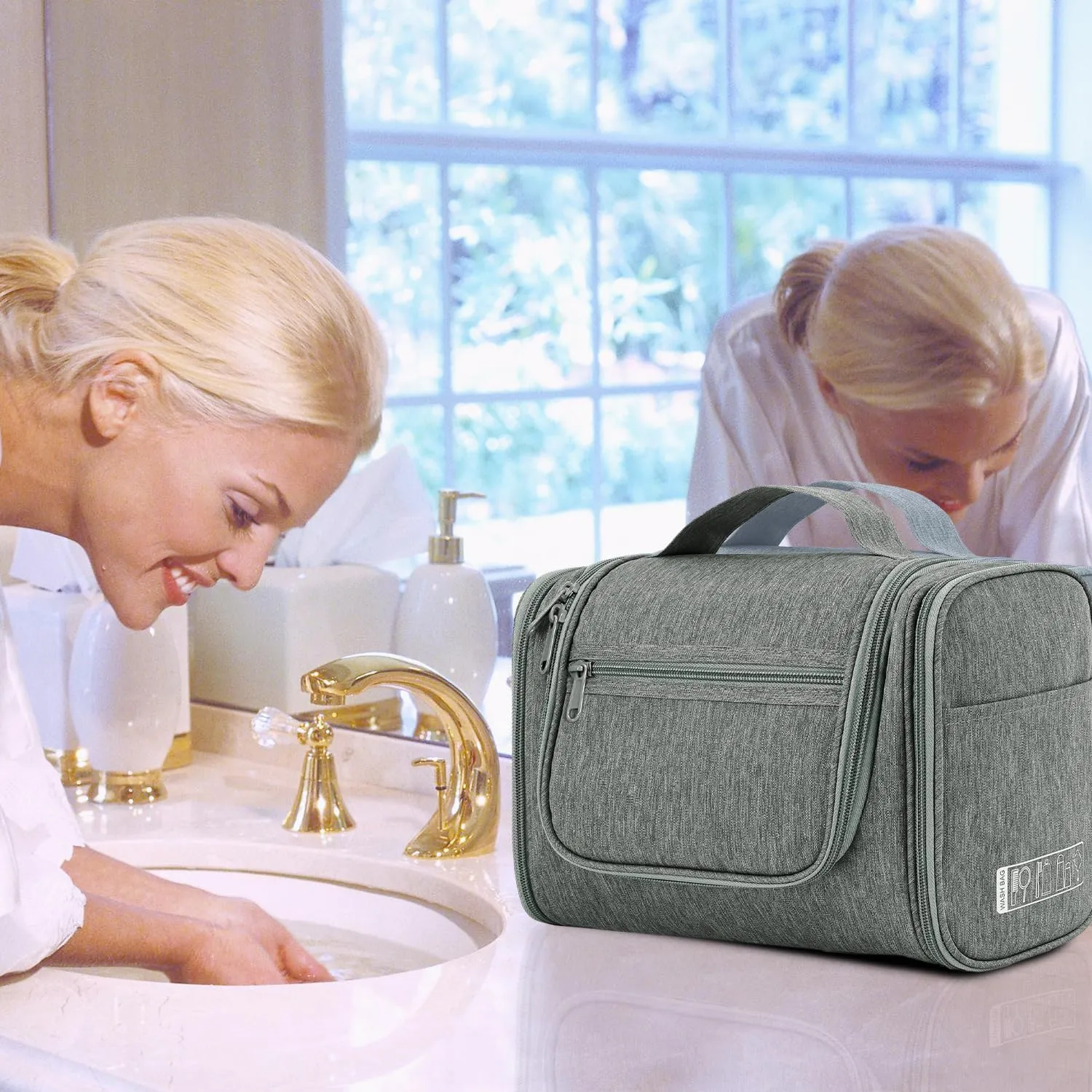 WANDF Large Hanging Toiletry Bag Travel Cosmetic Makeup Organizer Water-Resistant Shower Bathroom Bag for Women and Men (Gray)