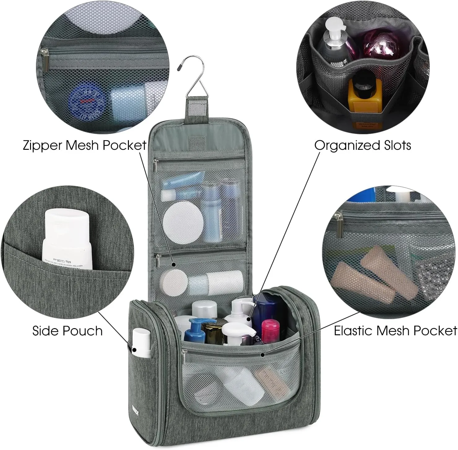WANDF Large Hanging Toiletry Bag Travel Cosmetic Makeup Organizer Water-Resistant Shower Bathroom Bag for Women and Men (Gray)