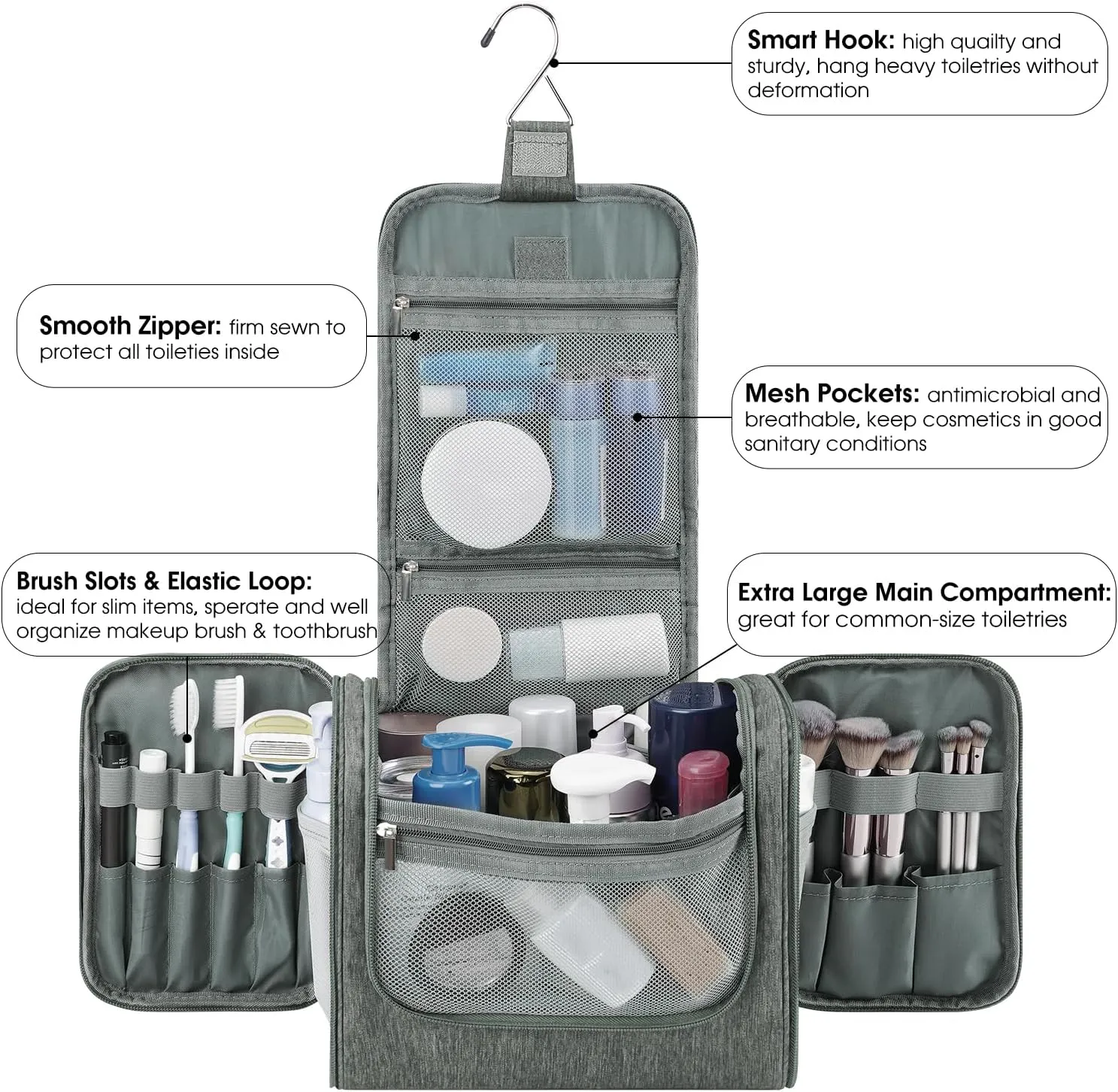WANDF Large Hanging Toiletry Bag Travel Cosmetic Makeup Organizer Water-Resistant Shower Bathroom Bag for Women and Men (Gray)
