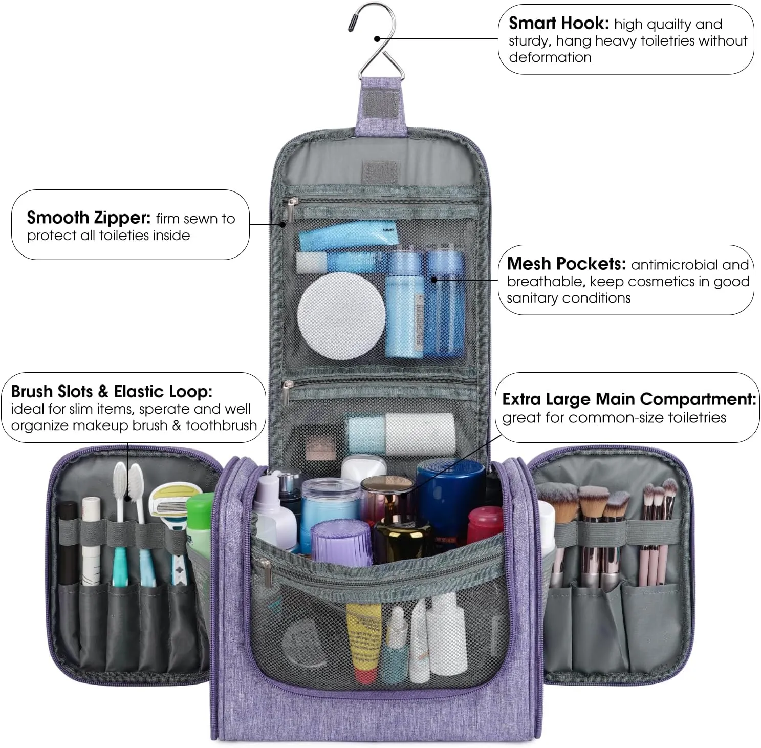 WANDF Large Hanging Toiletry Bag Travel Cosmetic Makeup Organizer Water-Resistant Shower Bathroom Bag for Women and Men (Light Purple)