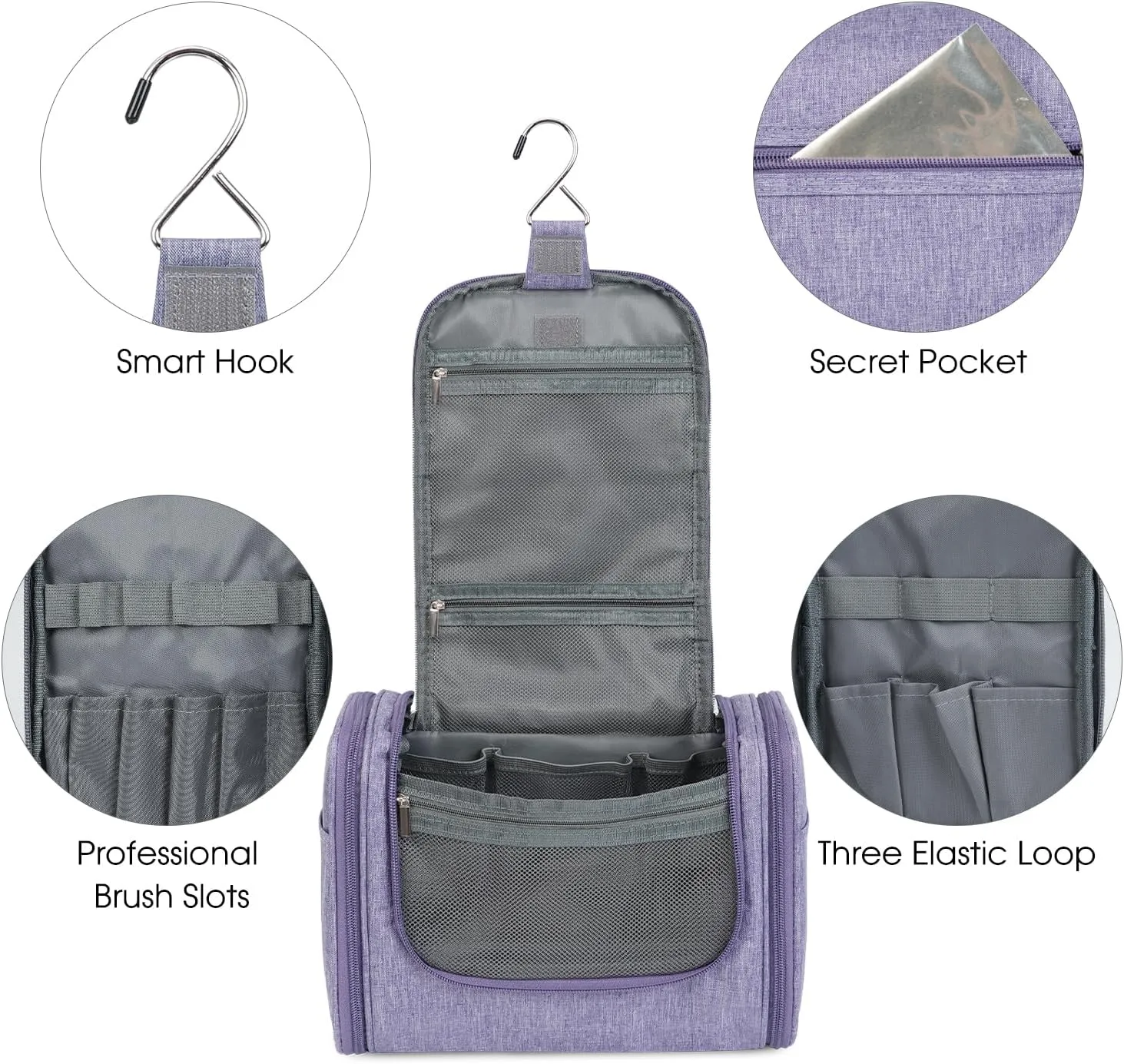 WANDF Large Hanging Toiletry Bag Travel Cosmetic Makeup Organizer Water-Resistant Shower Bathroom Bag for Women and Men (Light Purple)