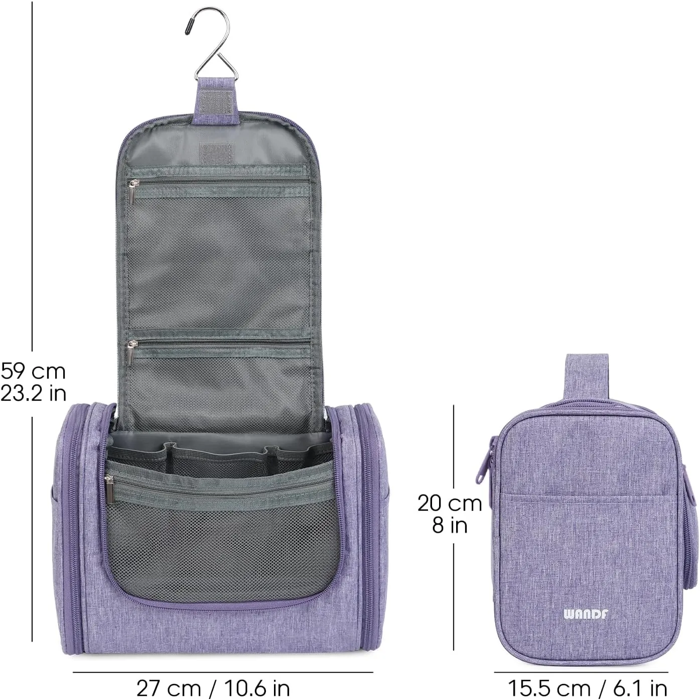 WANDF Large Hanging Toiletry Bag Travel Cosmetic Makeup Organizer Water-Resistant Shower Bathroom Bag for Women and Men (Light Purple)